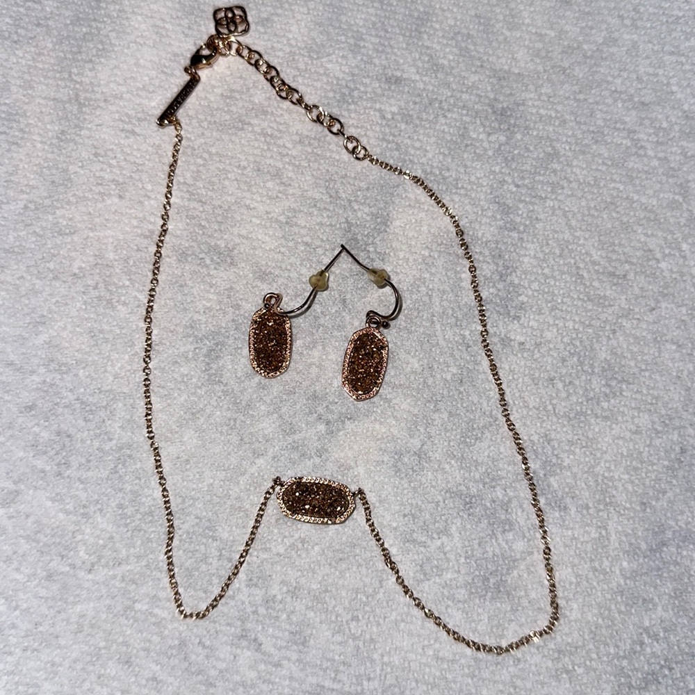 SET: Kendra Scott gold sparkly earrings & necklace